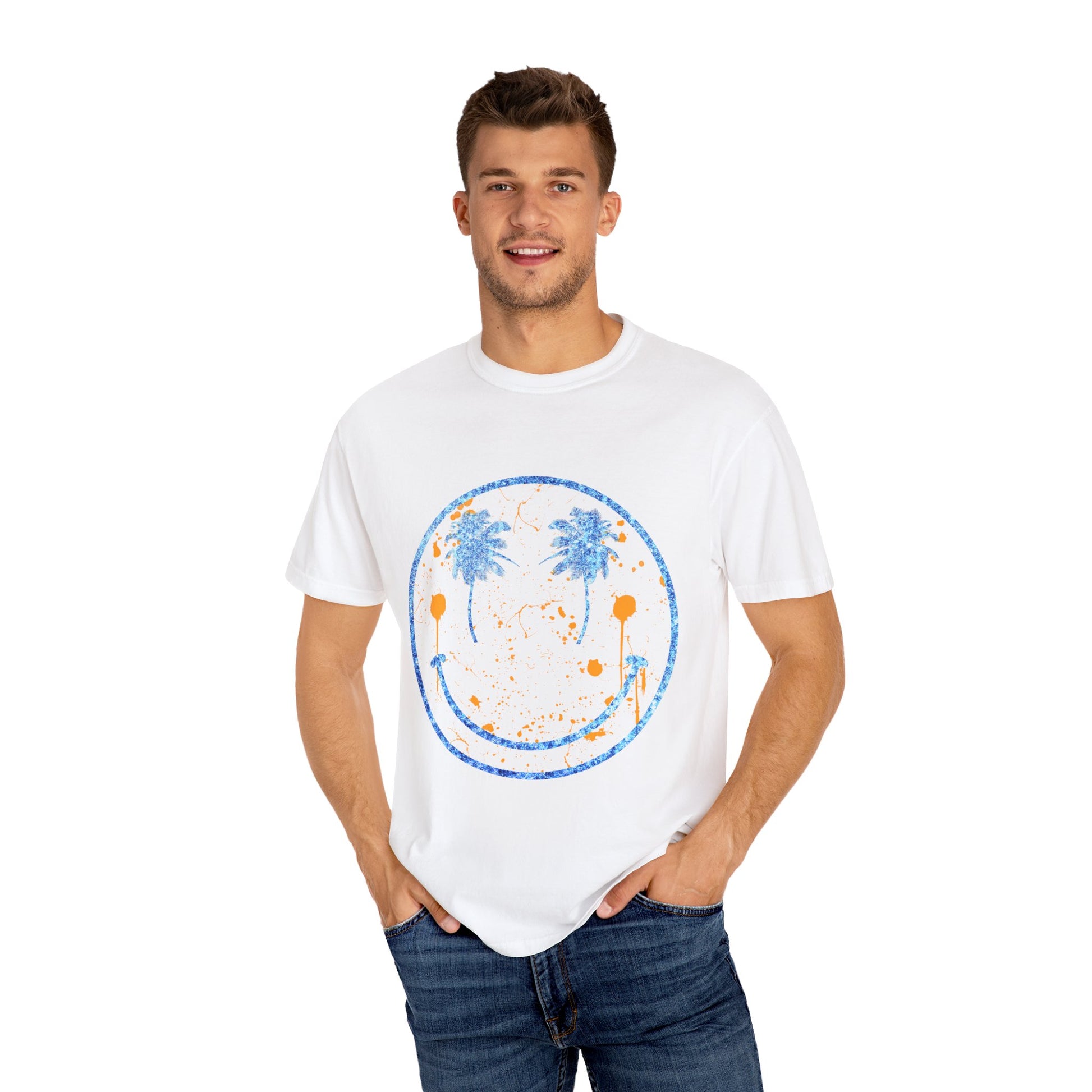 "Embrace summer vibes with our 90s Aesthetic Happy Face Paint Splatter Shirt, featuring a nostalgic design with palm tree eyes. This trendy unisex cotton tee is perfect for beach days, music festivals, and pool parties. Made from soft-washed ring-spun cotton, it offers a comfortable and relaxed fit, ideal for all-day wear. Get ready to shine in this retro-inspired shirt, designed for men, women, and teens!