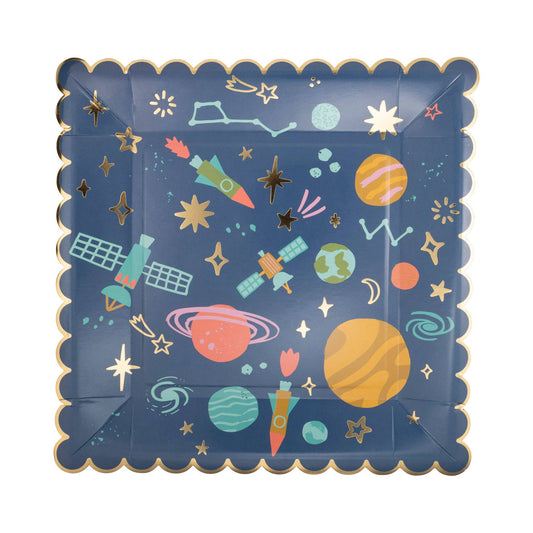 Space pattern square plates with gold foil, 9 inches, 8-pack, perfect for space-themed parties.