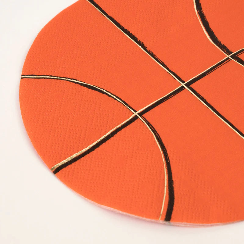 Pack of 16 basketball napkins with gold foil details, 3-ply, folded 6.5 by 6.5 inches