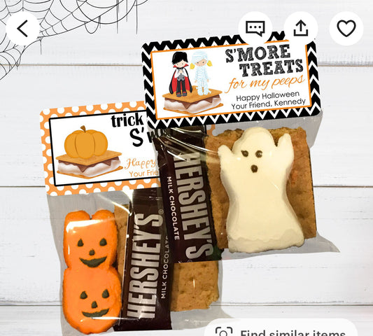 Halloween-themed s'mores treat bag with festive packaging featuring pumpkins, ghosts, and "S'more Treats For My Peeps" message. Includes marshmallows, chocolate bars, and graham crackers for a fun and spooky Halloween gift. Perfect for Boo Bags, party favors, or trick-or-treat surprises.