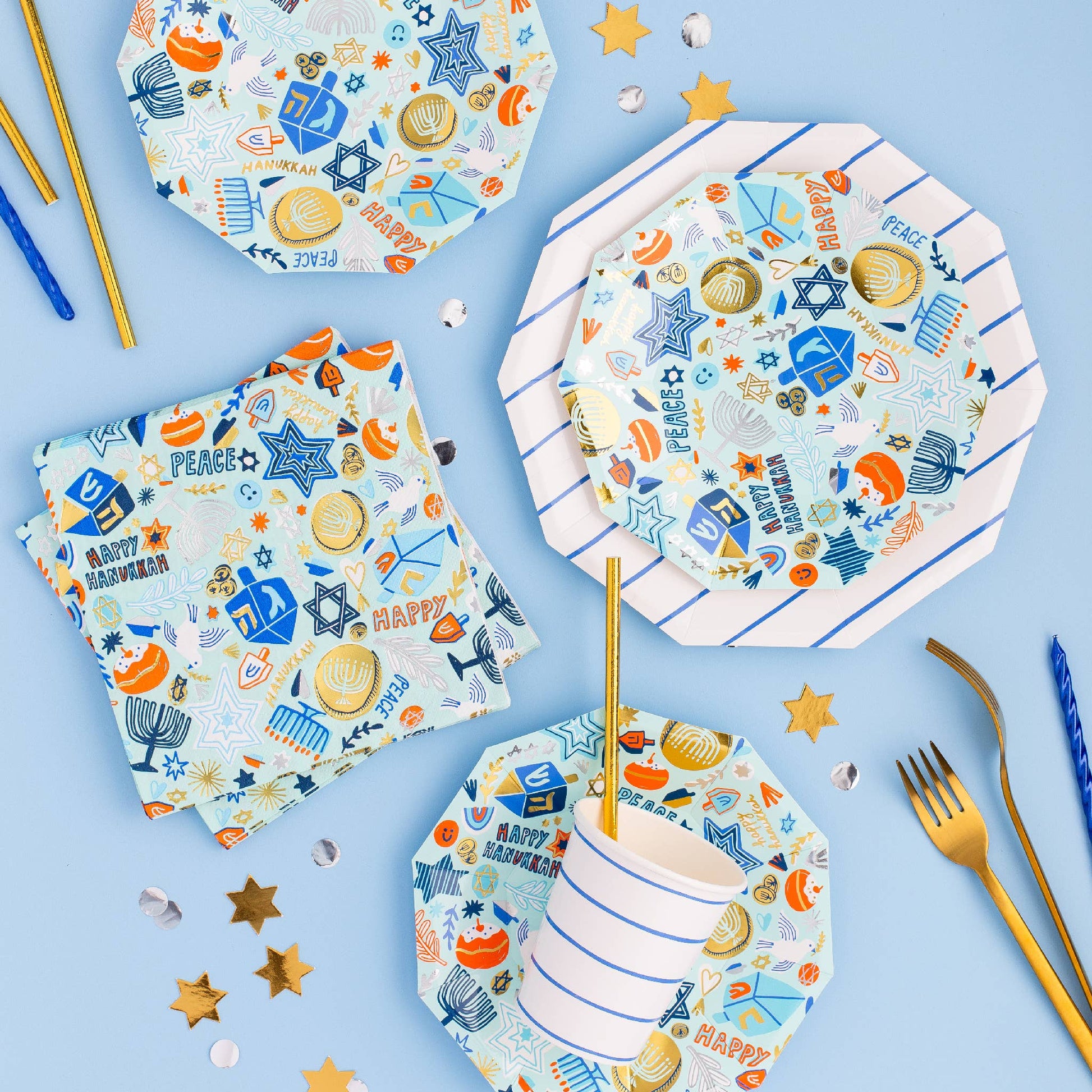 Festive Hanukkah plates with gold and silver foil, 7.5 inches, 8-pack; designed by Jordan Sondler for Daydream Society, perfect for the festival of lights.