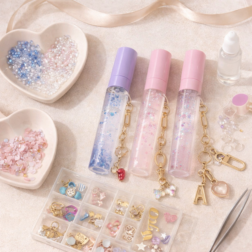 Three small bottles with colorful contents and keychains on a light surface with small bowls of beads and charms.