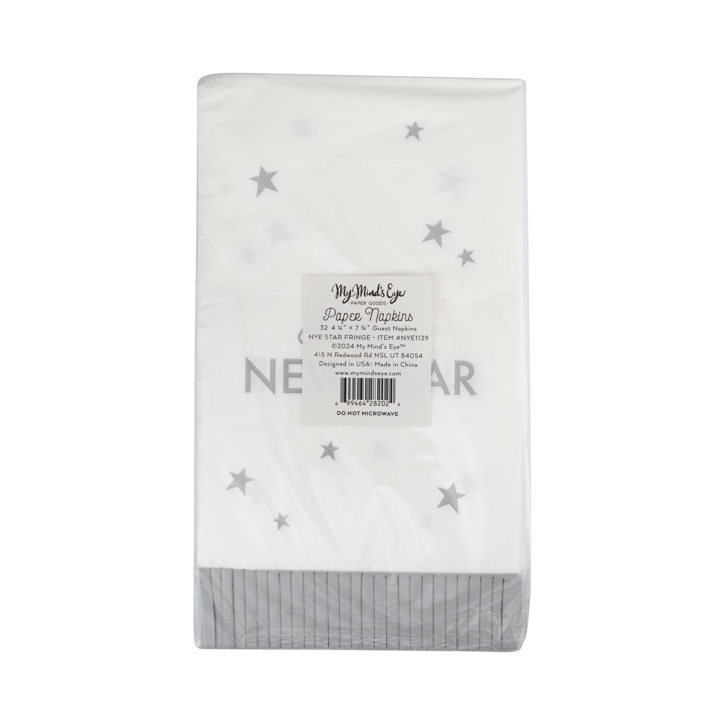 Happy New Year fringed dinner napkins featuring a playful design with silver foil accents, perfect for festive celebrations and easy cleanup. Each napkin measures 3.75" x 7.5" and comes in a pack of 24.