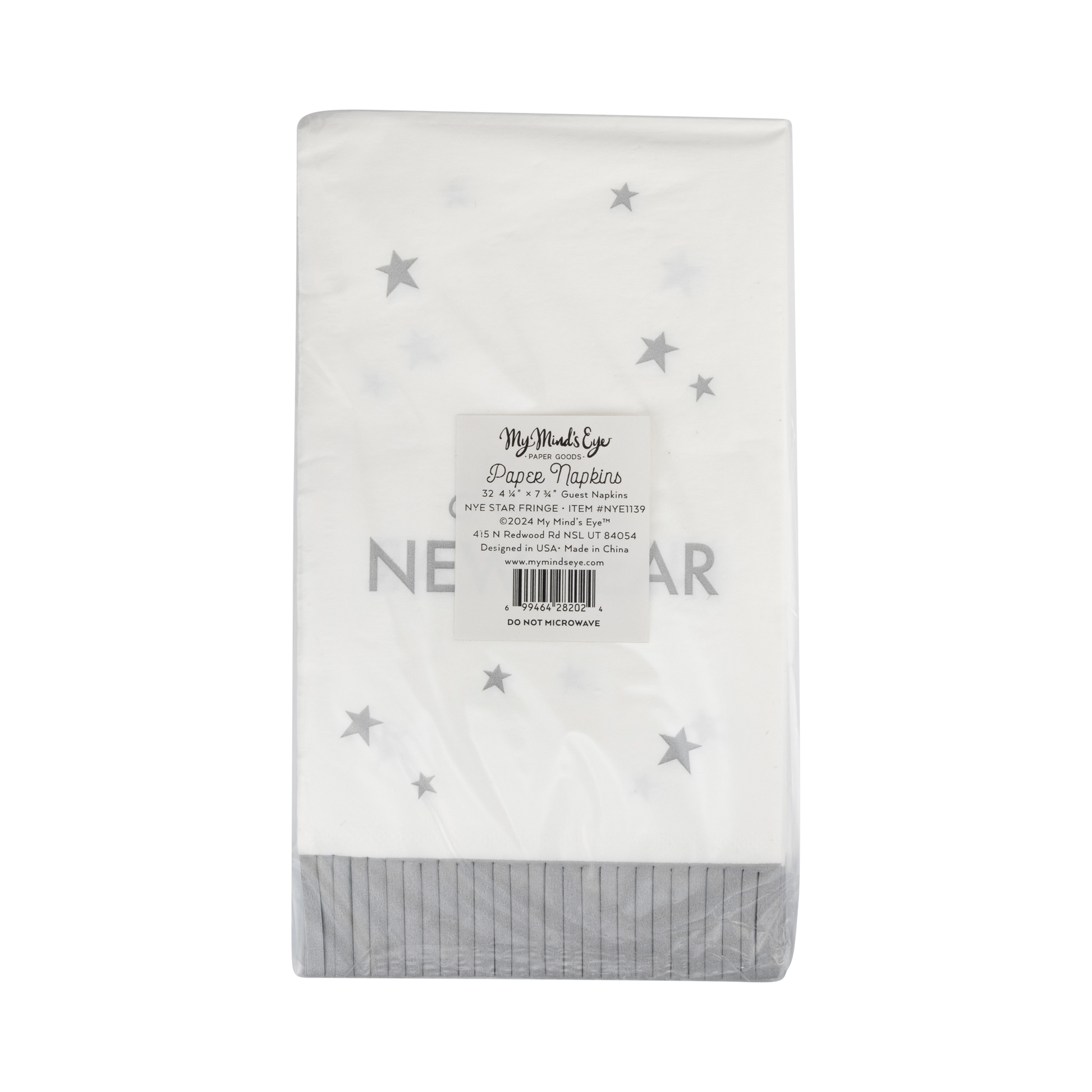 Happy New Year fringed dinner napkins featuring a playful design with silver foil accents, perfect for festive celebrations and easy cleanup. Each napkin measures 3.75" x 7.5" and comes in a pack of 24.