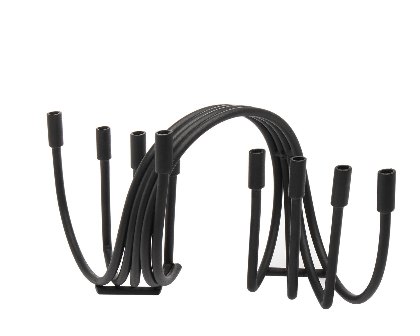 Elegant Godinger Black Swirl Menorah, crafted in India from alternative metal. Features an intricate black swirl design, measuring 12" x 6" x 6" H. A stylish and sophisticated addition to any space, ideal for Chanukah celebrations or as a unique decorative piece."