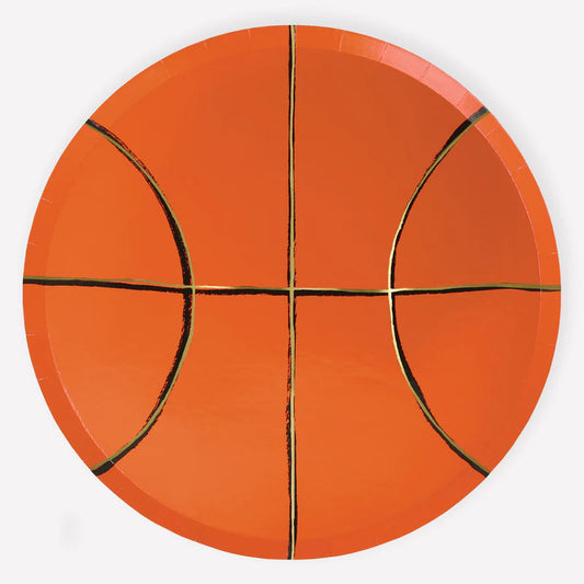 Basketball party paper plates with gold foil, pack of 8, 9.5-inch high-quality 450gsm
