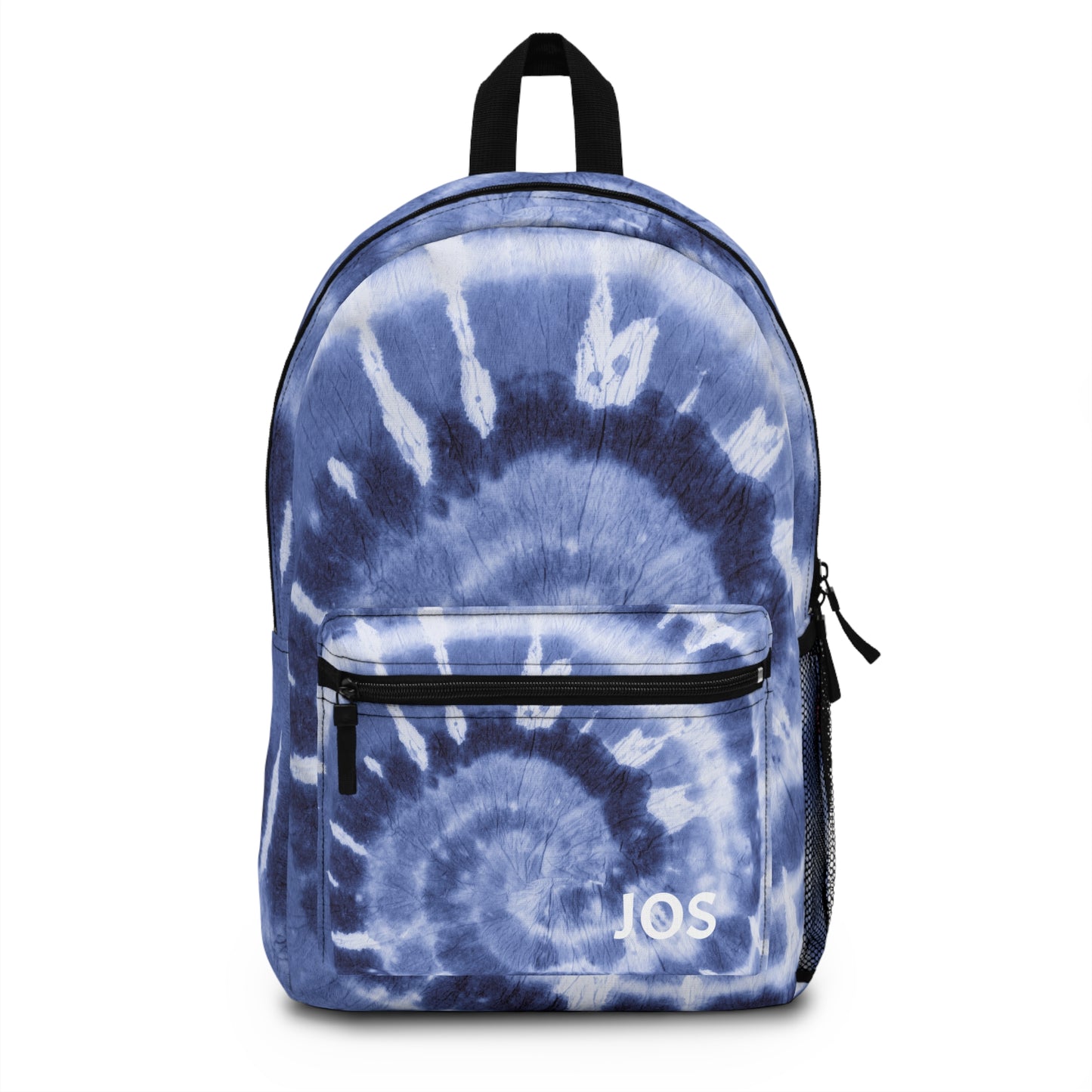 Personalized tie-dye backpack for kids, customizable with initials or name. Featuring a blue tie-dye swirl pattern, this trendy and durable bag includes a water bottle holder, zippered front pocket, and adjustable straps, making it perfect for school or camp.