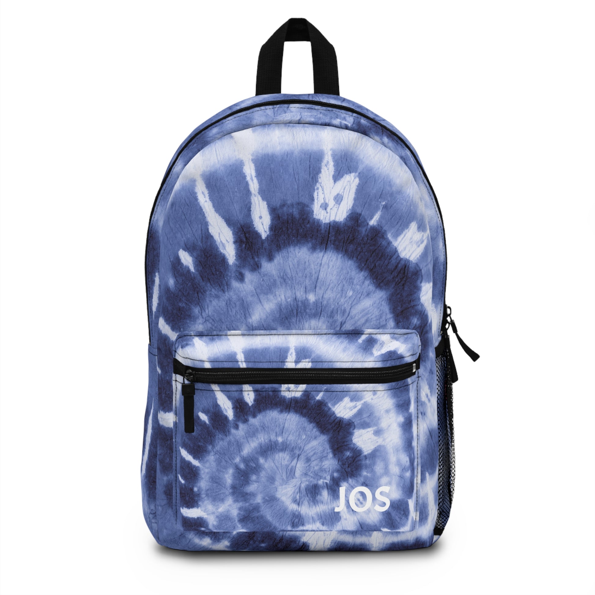 Personalized tie-dye backpack for kids, customizable with initials or name. Featuring a blue tie-dye swirl pattern, this trendy and durable bag includes a water bottle holder, zippered front pocket, and adjustable straps, making it perfect for school or camp.