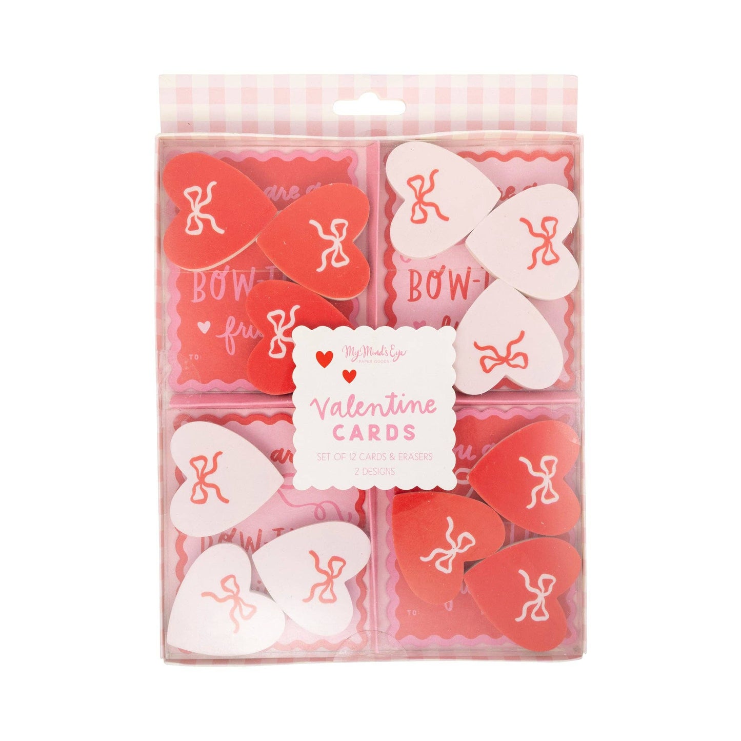 Bow themed Valentine cards with erasers for kids