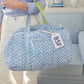Capri Blue block print duffel 17x14x8.5, cotton, machine washable, carry-on overnight bag