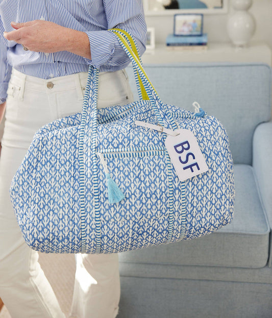 Capri Blue block print duffel 17x14x8.5, cotton, machine washable, carry-on overnight bag