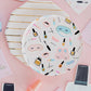 Slumber party plates with neon pops and shiny gold foil accents, perfect for sleepover and spa-themed events. Illustrated by Hello!Lucky for Daydream Society. Set includes 8 paper plates, each 8.25 inches in diameter. Not microwave safe.