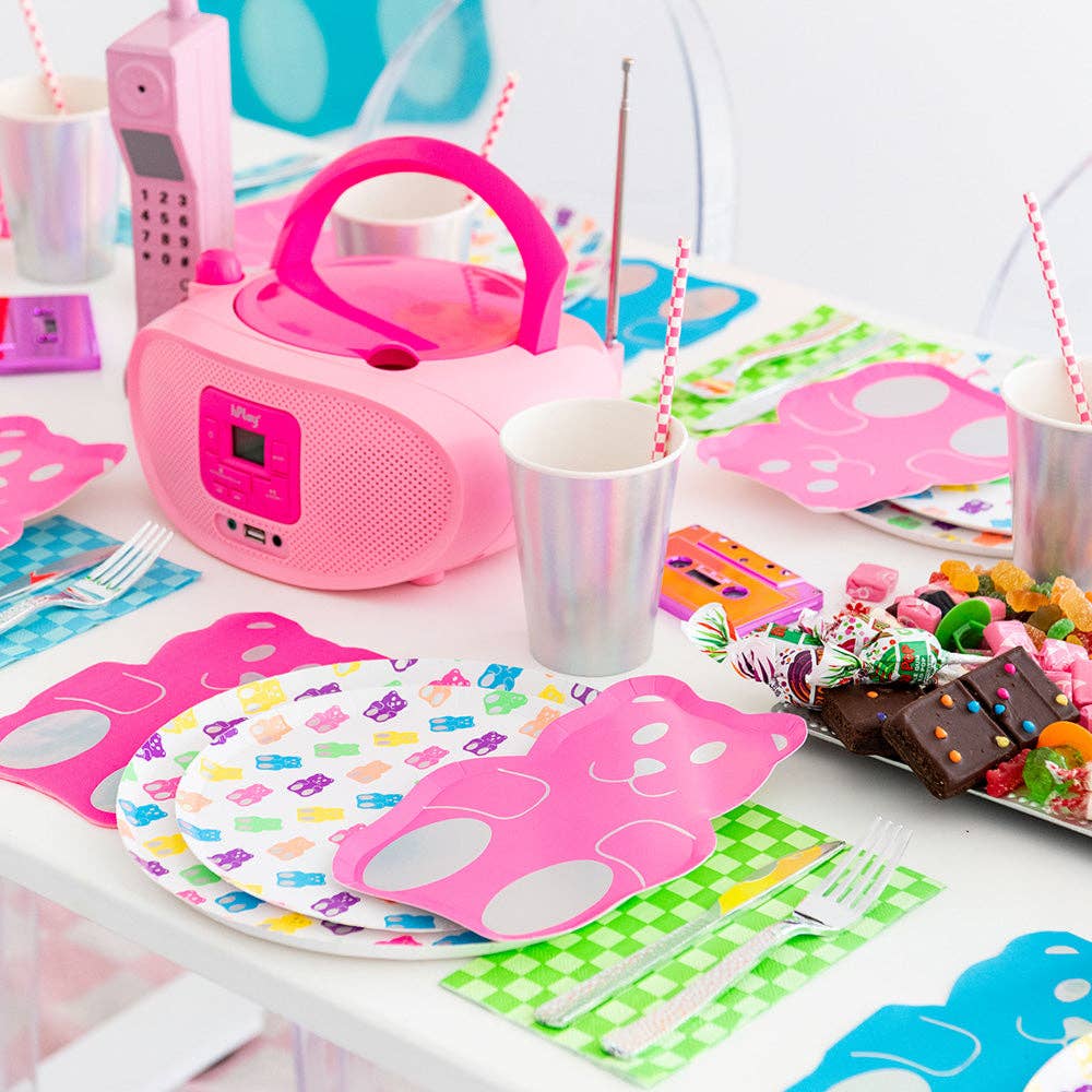 Holographic gummy bear party plates in playful neon hues.