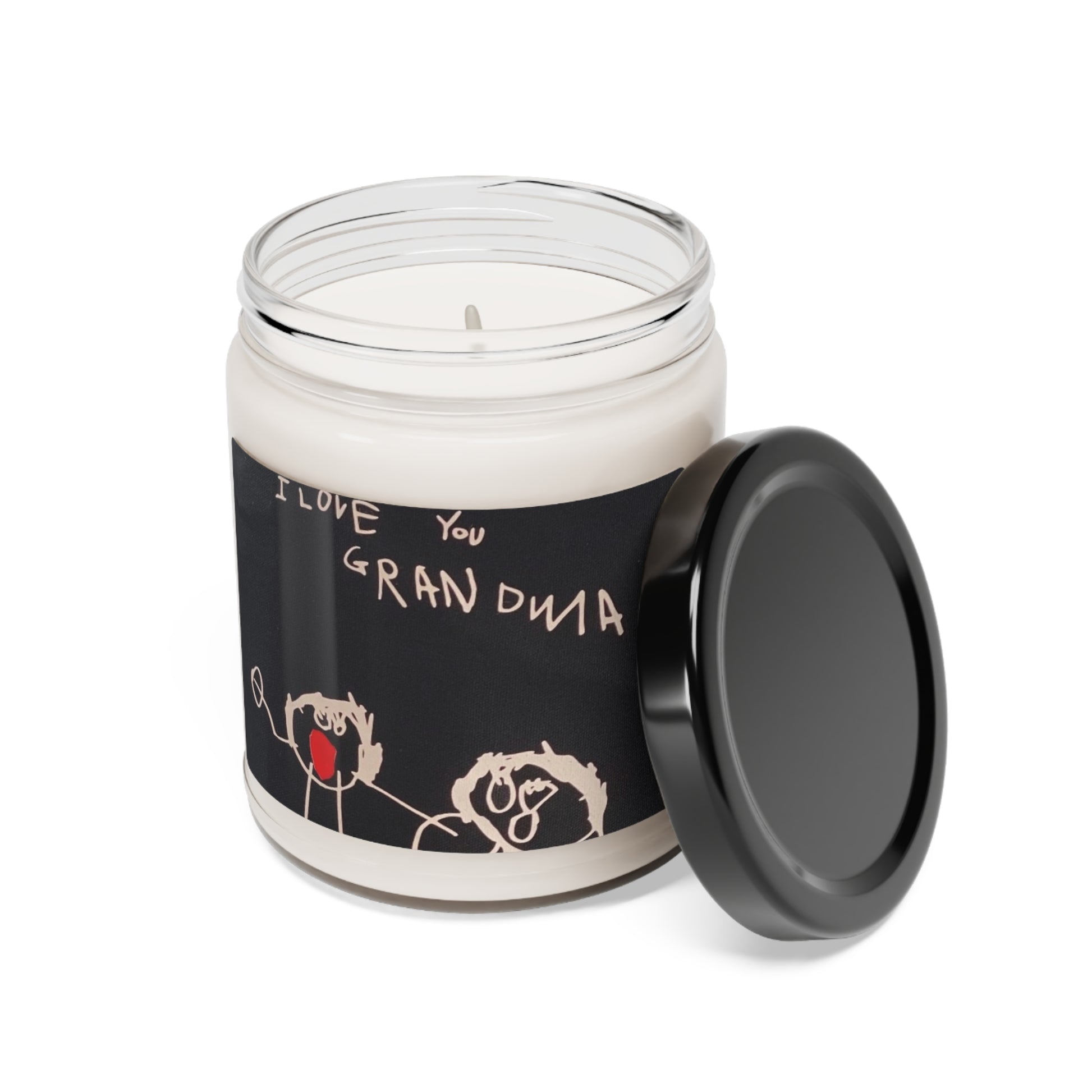 Customizable 9oz scented candle in a glass jar, made with 100% natural soy wax blend and featuring a 100% cotton wick. The candle includes a glossy permanent adhesive label for personalized artwork, available in various aromatic scents and has a burn time of 50-60 hours
