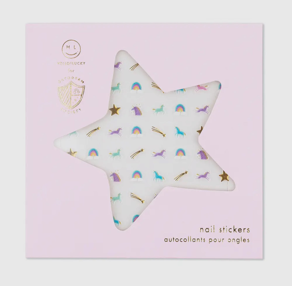 Unicorn and rainbow-themed press-on nail stickers, illustrated by Hello!Lucky for Daydream Society. Includes 1 sheet of 100 safe, non-toxic stickers. Packaged in a card stock envelope for easy use and magical nail transformations.