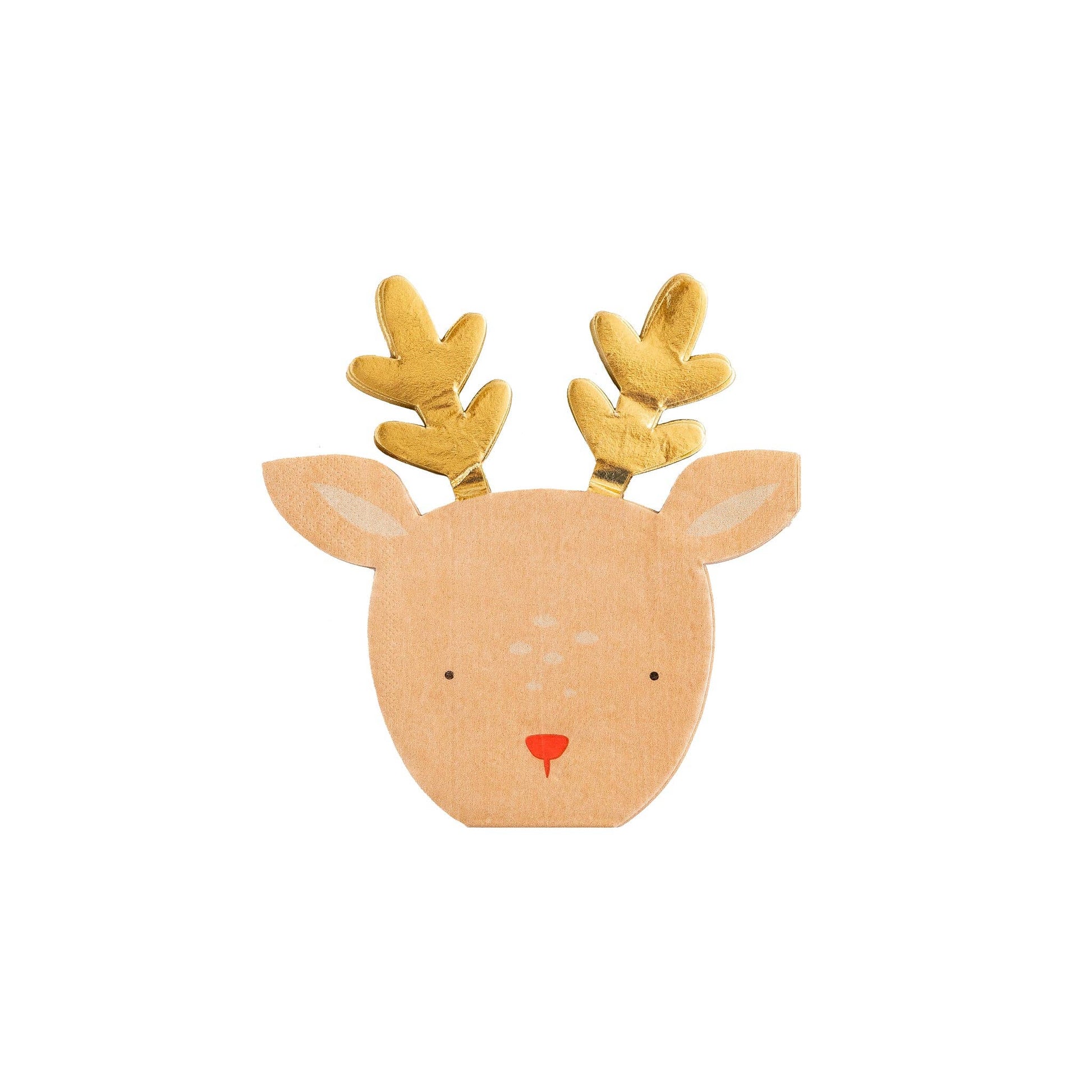 A whimsical paper reindeer head featuring shimmering gold horns, perfect for festive decorations and holiday cheer.