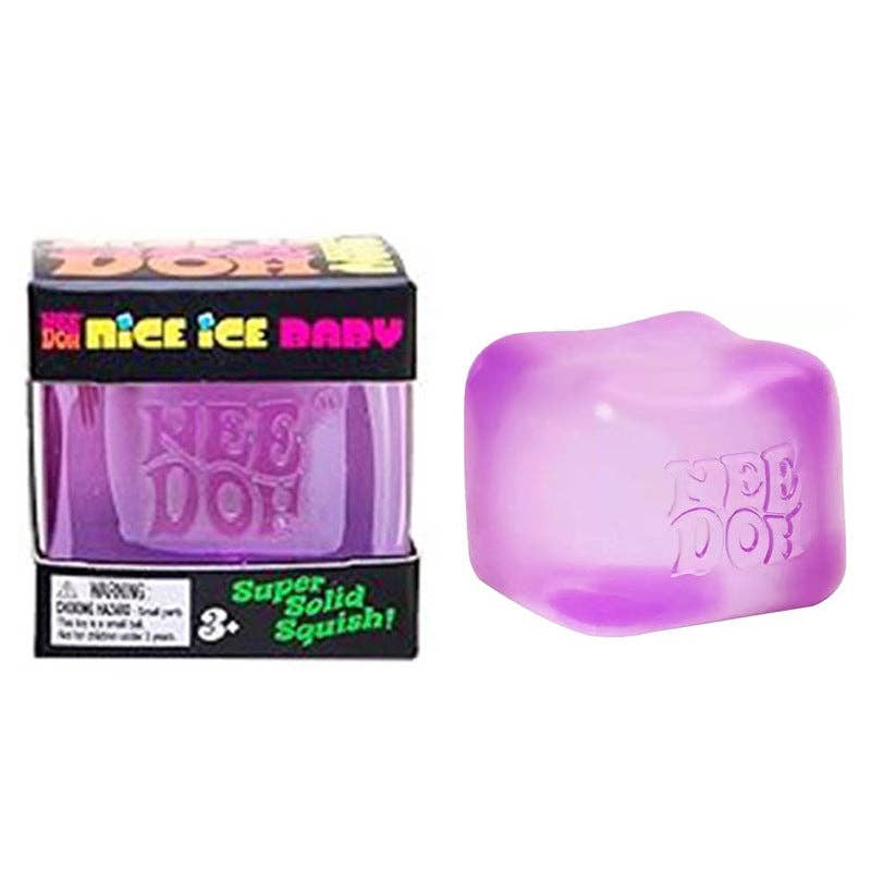 Purple ice cube with 'FEE DOH' branding next to its packaging on a white background