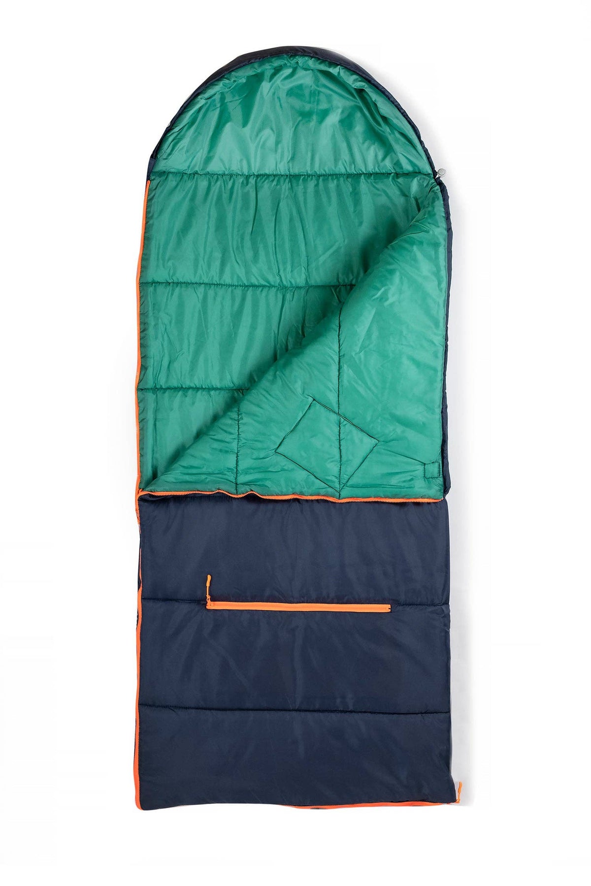 "Pack & Snooze" 🎒 Mimish Sleep-N-Pack Packable Sleeping Bag — Navy/Green (Big Kid 7–12+)