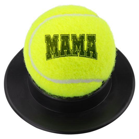 Full-sized "40 LUV" MAMA tennis ball featuring retro block varsity letters, measuring 2.65 inches in diameter. Includes a display base, making it an ideal gift for tennis-loving moms.