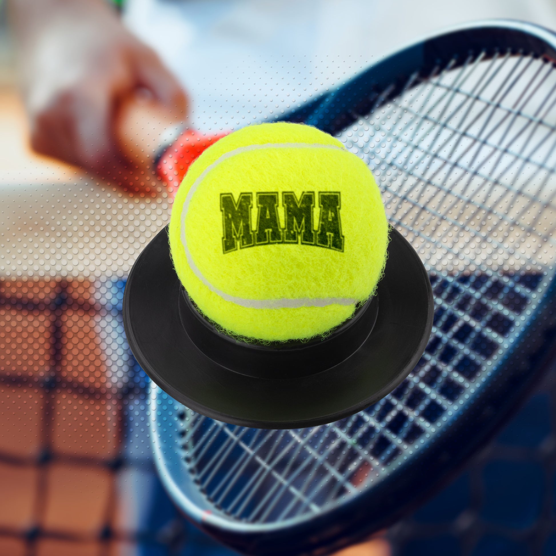 Full-sized "40 LUV" MAMA tennis ball featuring retro block varsity letters, measuring 2.65 inches in diameter. Includes a display base, making it an ideal gift for tennis-loving moms.