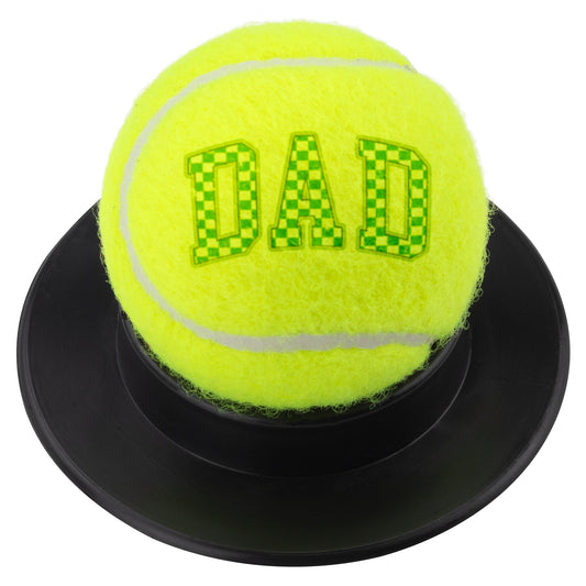 Full-sized "40 LUV" DAD tennis ball featuring retro green and yellow font, measuring 2.65 inches in diameter. Includes a display base, making it a perfect gift for tennis-loving dads.