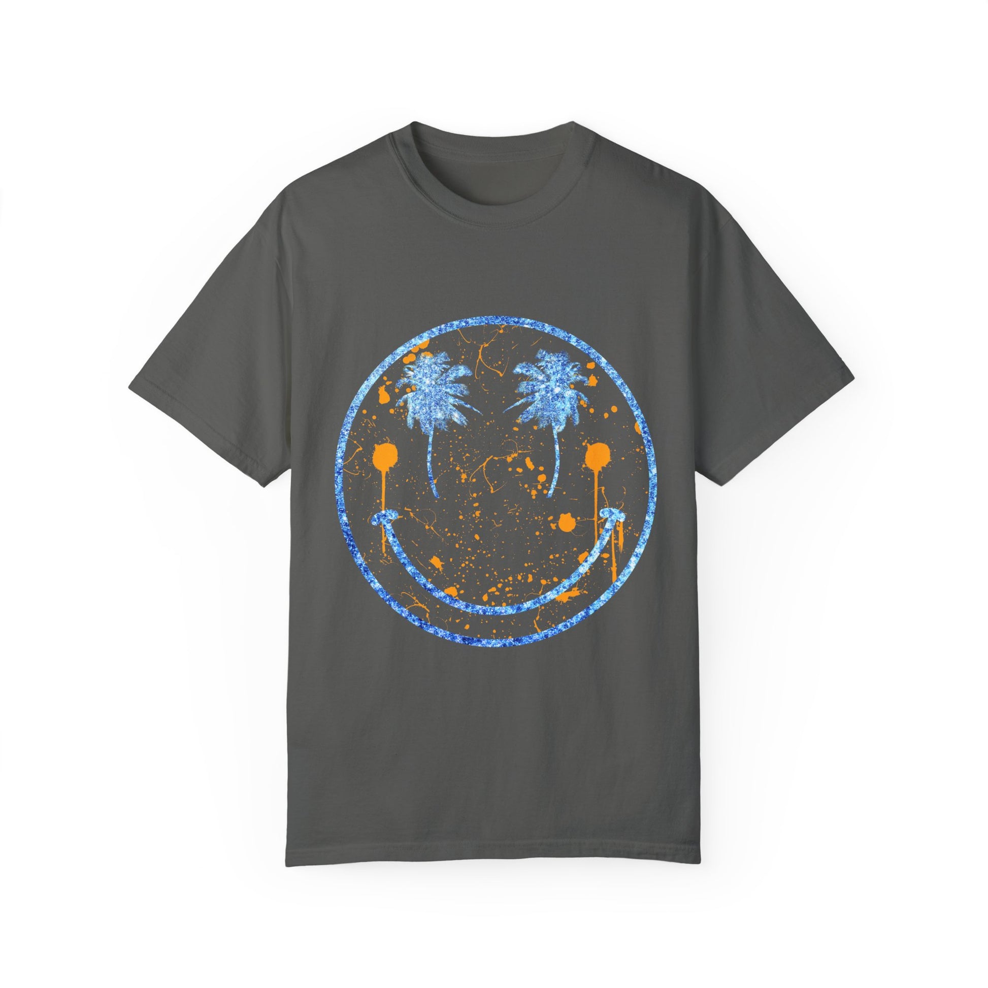 "Embrace summer vibes with our 90s Aesthetic Happy Face Paint Splatter Shirt, featuring a nostalgic design with palm tree eyes. This trendy unisex cotton tee is perfect for beach days, music festivals, and pool parties. Made from soft-washed ring-spun cotton, it offers a comfortable and relaxed fit, ideal for all-day wear. Get ready to shine in this retro-inspired shirt, designed for men, women, and teens!