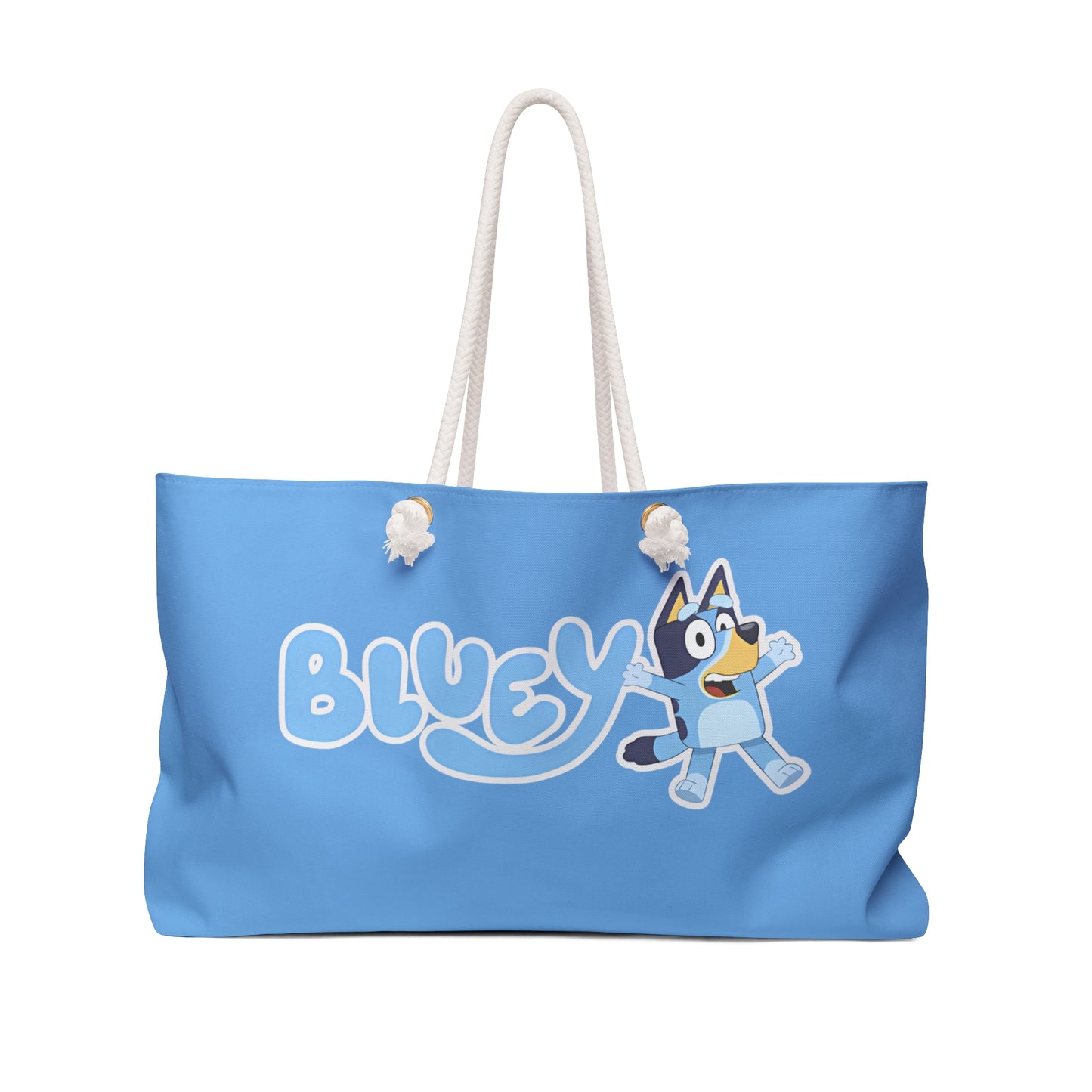 Oversized Bluey themed beach bag featuring a playful design inspired by the episode "The Pool," perfect for family adventures at the beach or pool. The durable tote measures 24" x 13" and includes thick rope handles for easy carrying.