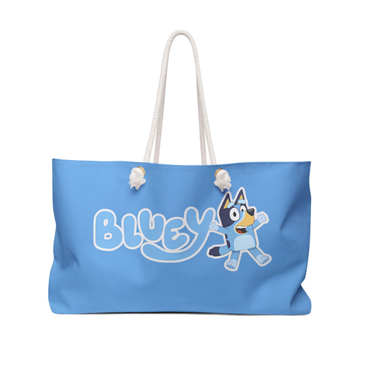 Oversized Bluey themed beach bag featuring a playful design inspired by the episode "The Pool," perfect for family adventures at the beach or pool. The durable tote measures 24" x 13" and includes thick rope handles for easy carrying.