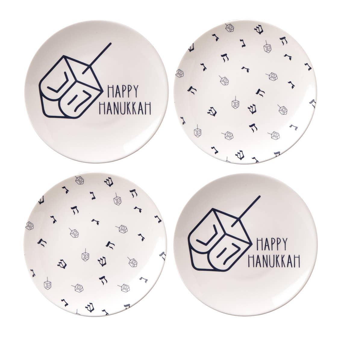 Set of 4 Hanukkah-themed porcelain plates featuring a 'Happy Hanukkah' message and dreidel designs. Plates are decorated with playful blue dreidels and Hebrew letters, adding festive charm to your holiday table settings.