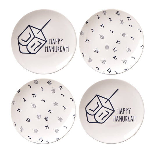 Set of 4 Hanukkah-themed porcelain plates featuring a 'Happy Hanukkah' message and dreidel designs. Plates are decorated with playful blue dreidels and Hebrew letters, adding festive charm to your holiday table settings.
