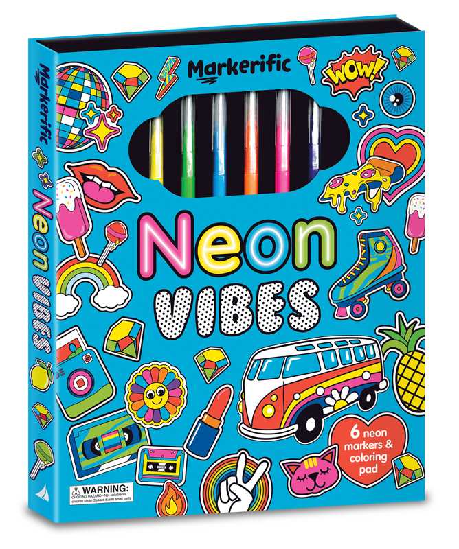 “Markerific: Neon Vibes” 🩷💚💛 Coloring Book by: Folders; 48 pages / English