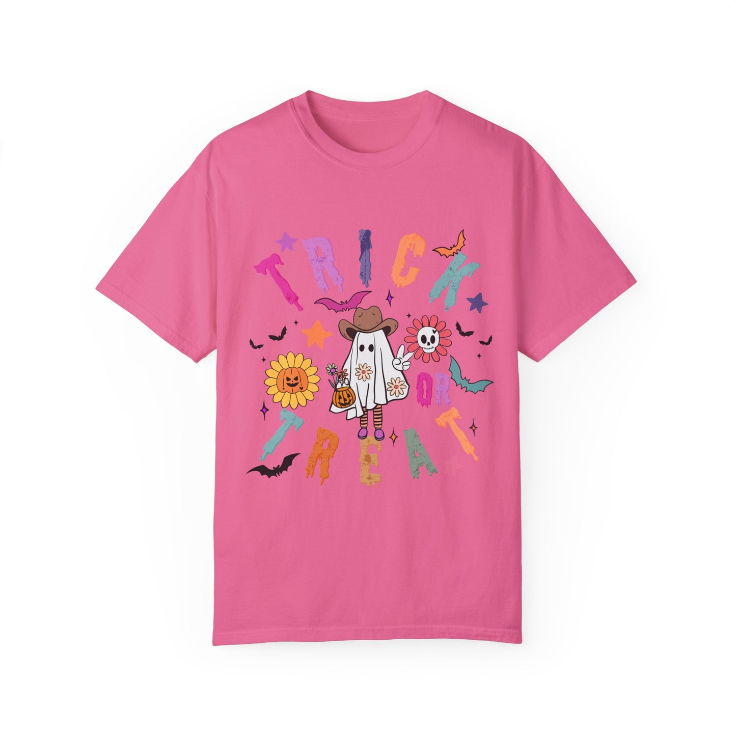 Trick or Treat Cowboy Ghost shirt featuring a playful cowboy ghost design and melty font. Available in unisex sizes S-3XL, this ultra-soft, garment-dyed 100% ring-spun cotton t-shirt is perfect for Halloween celebrations for adults and teens.