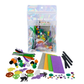 Halloween Mini Maker Kit for kids, featuring a resealable iridescent pouch filled with fuzzy sticks, pom poms, googly eyes, craft supplies, and foam stickers for creative Halloween crafting fun. Perfect for ages 6 and up.