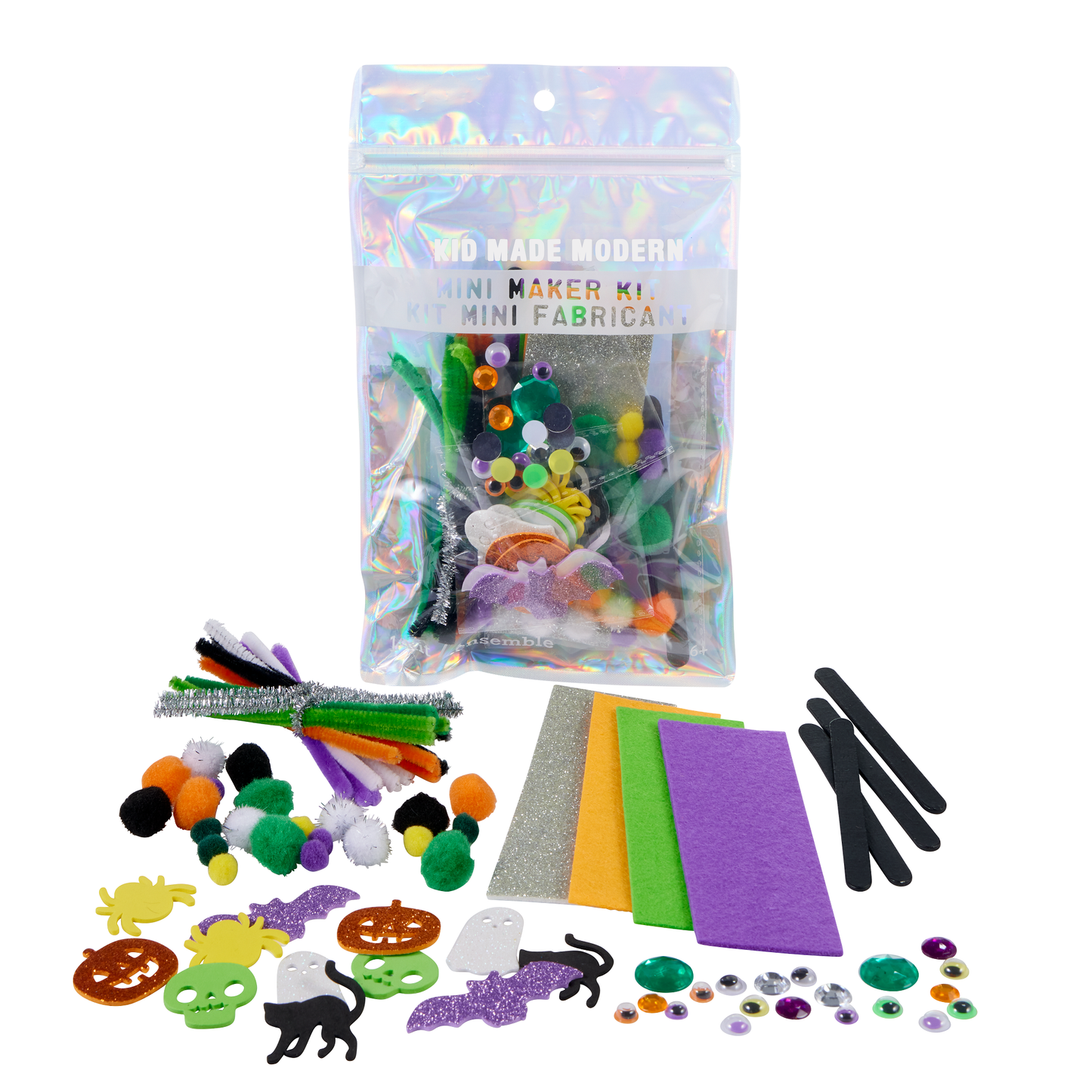 Halloween Mini Maker Kit for kids, featuring a resealable iridescent pouch filled with fuzzy sticks, pom poms, googly eyes, craft supplies, and foam stickers for creative Halloween crafting fun. Perfect for ages 6 and up.