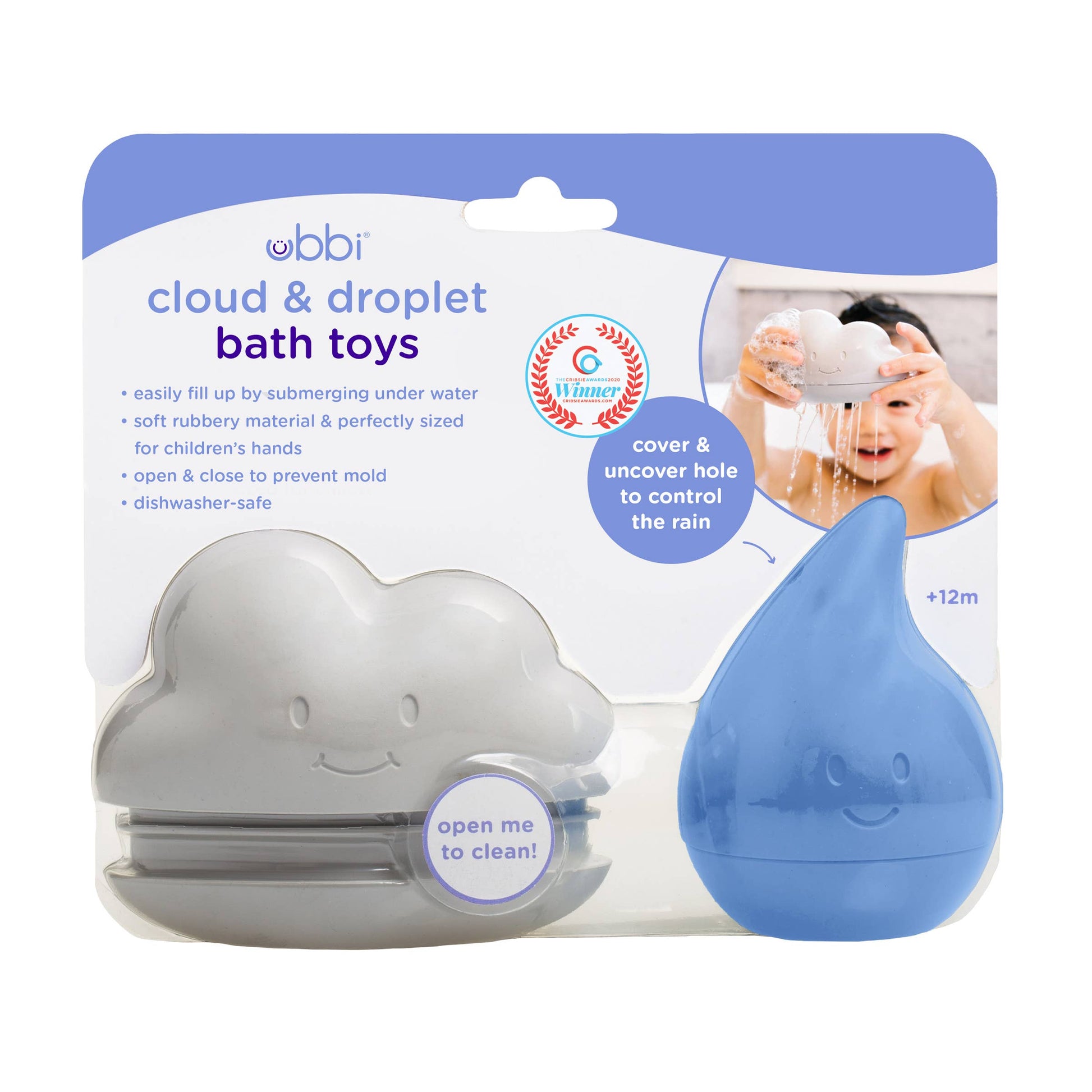 Cloud and droplet bath toys set, water play, easy open-close, ergonomic design, dishwasher safe, baby.