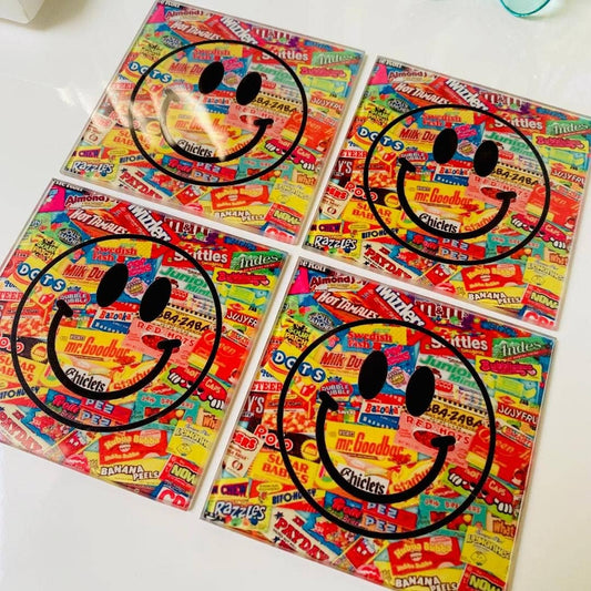 4" Candy Smiley Face Glass Coasters – Set of 4, fun drink coasters for home, kitchen, and bar decor.
