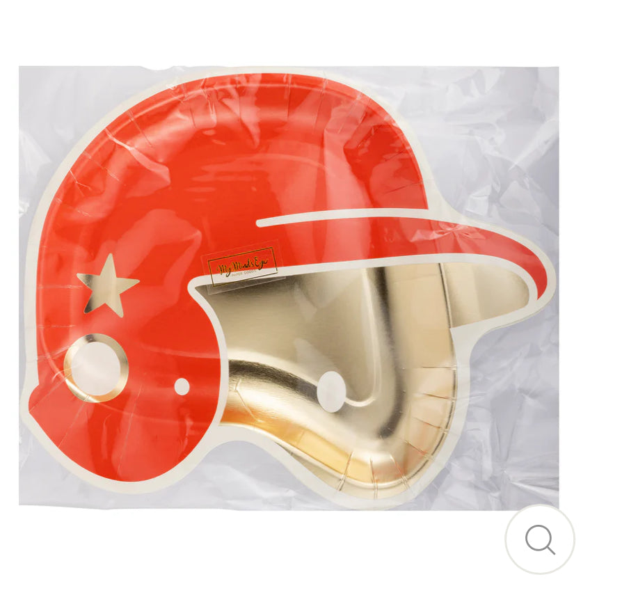 Set of 8 Baseball Helmet Paper Plates, 10" x 8.5", perfect for game day parties. Helmet-shaped design with gold foil accents adds a fun and playful touch for serving snacks, burgers, and more. Ideal for sports-themed events and baseball parties.