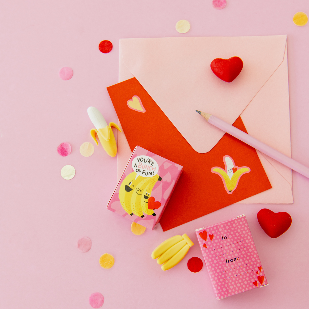 Classroom Valentine eraser favors with bananas