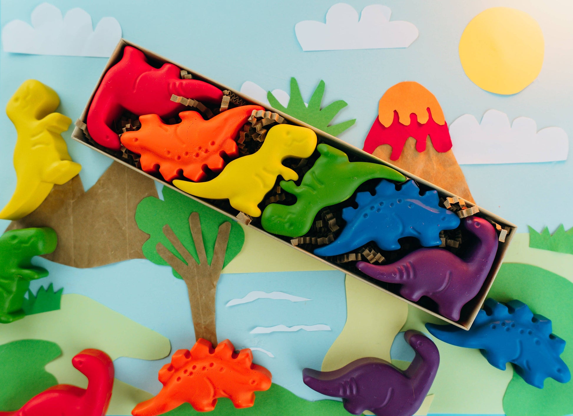 Rainbow dinosaur shaped crayons for kids coloring