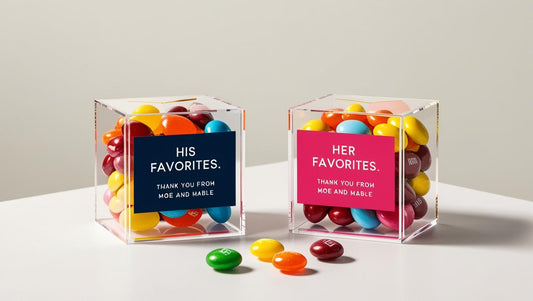 Elegant acrylic favor box with custom candy and personalized event label.


