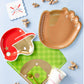 Set of 8 Baseball Helmet Paper Plates, 10" x 8.5", perfect for game day parties. Helmet-shaped design with gold foil accents adds a fun and playful touch for serving snacks, burgers, and more. Ideal for sports-themed events and baseball parties.