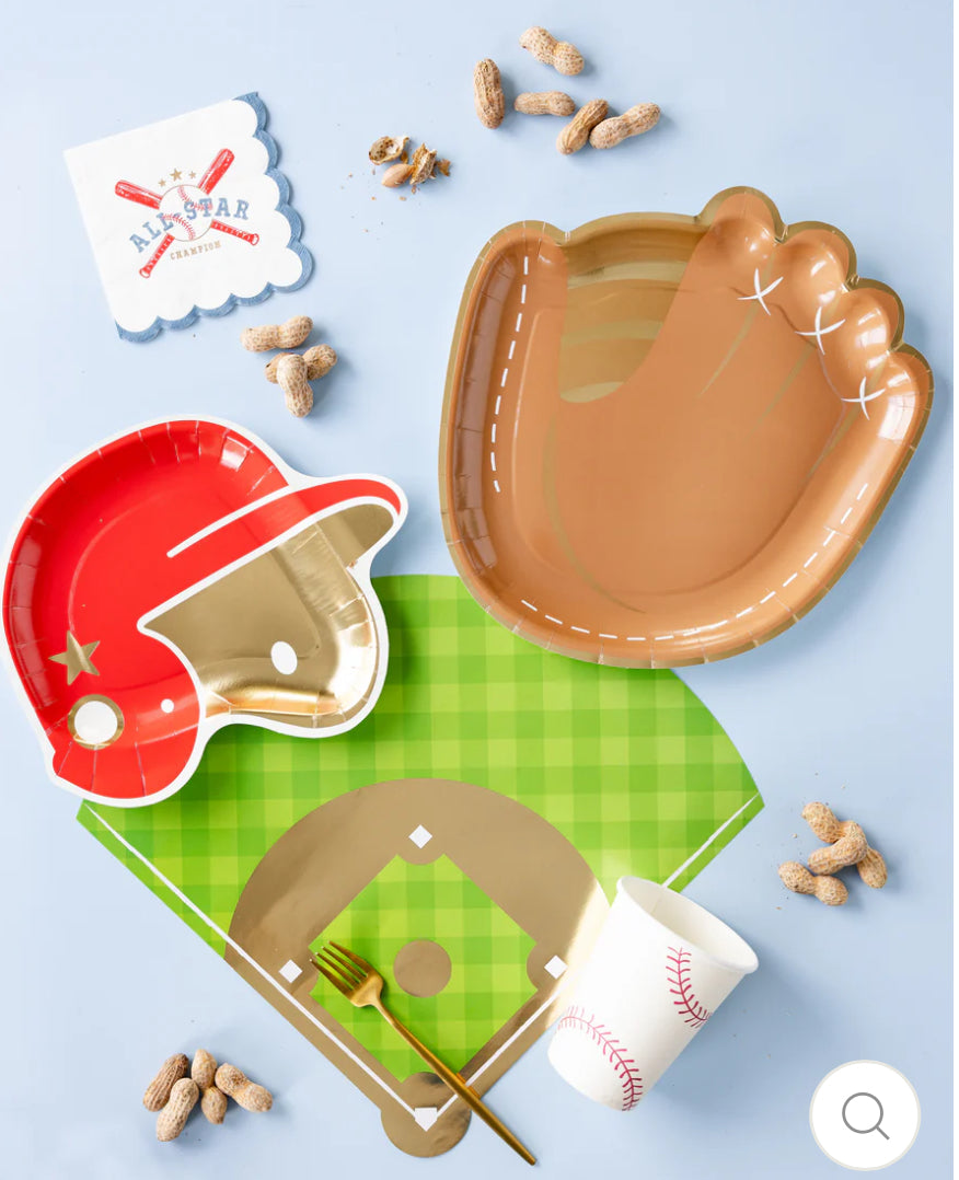 Set of 8 Baseball Helmet Paper Plates, 10" x 8.5", perfect for game day parties. Helmet-shaped design with gold foil accents adds a fun and playful touch for serving snacks, burgers, and more. Ideal for sports-themed events and baseball parties.