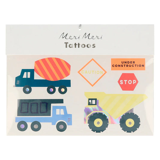Construction temporary tattoos for kids, pack of 13 with silver foil, 4.5"x3.5" sheet