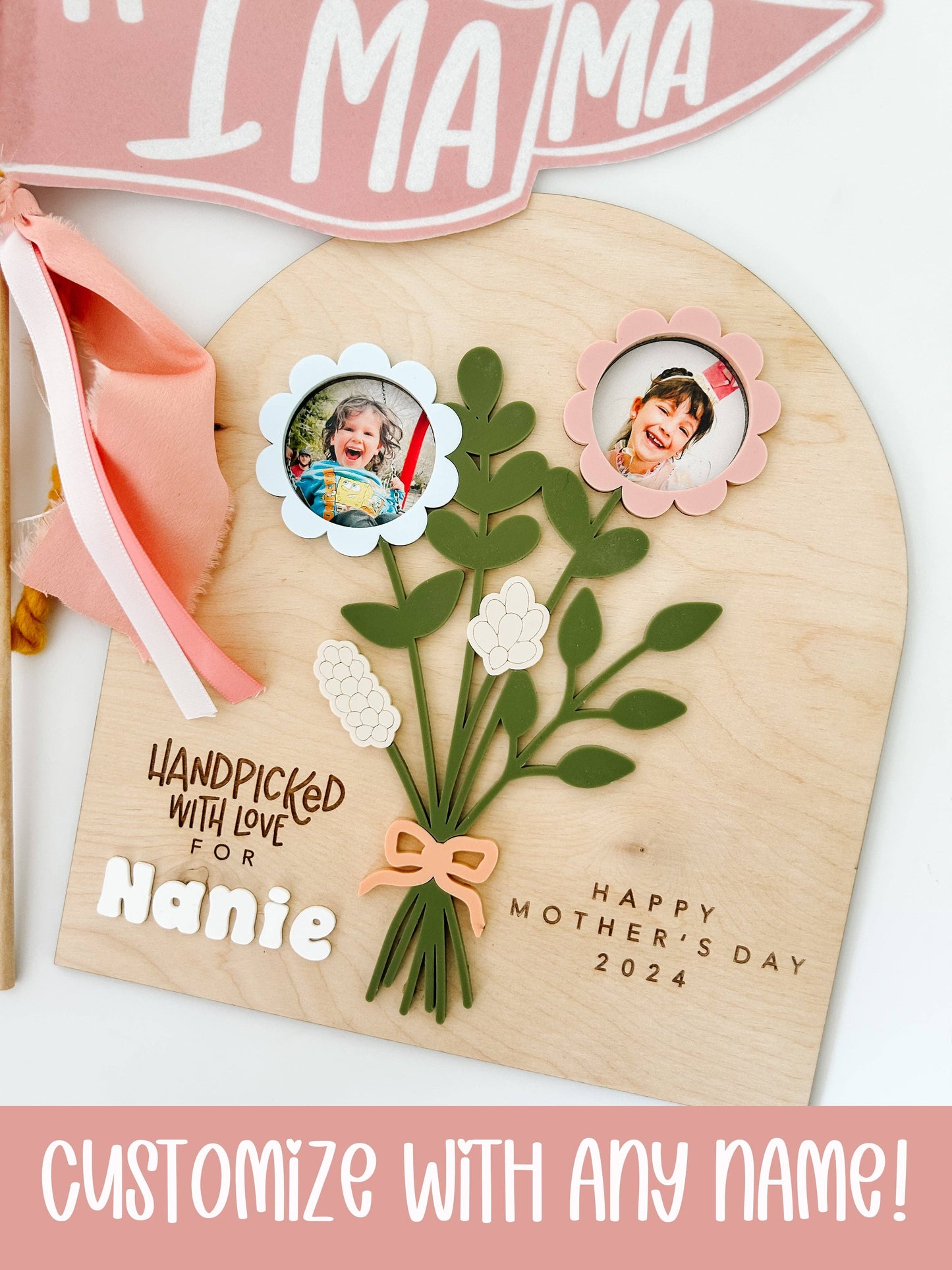 "Mom in Bloom" 🌸 Personalized Photo Flower Sign by Goldie Letter Company