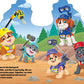 Shaped board book for kids featuring a playful construction pup and his crew, 16 pages, fun learning.