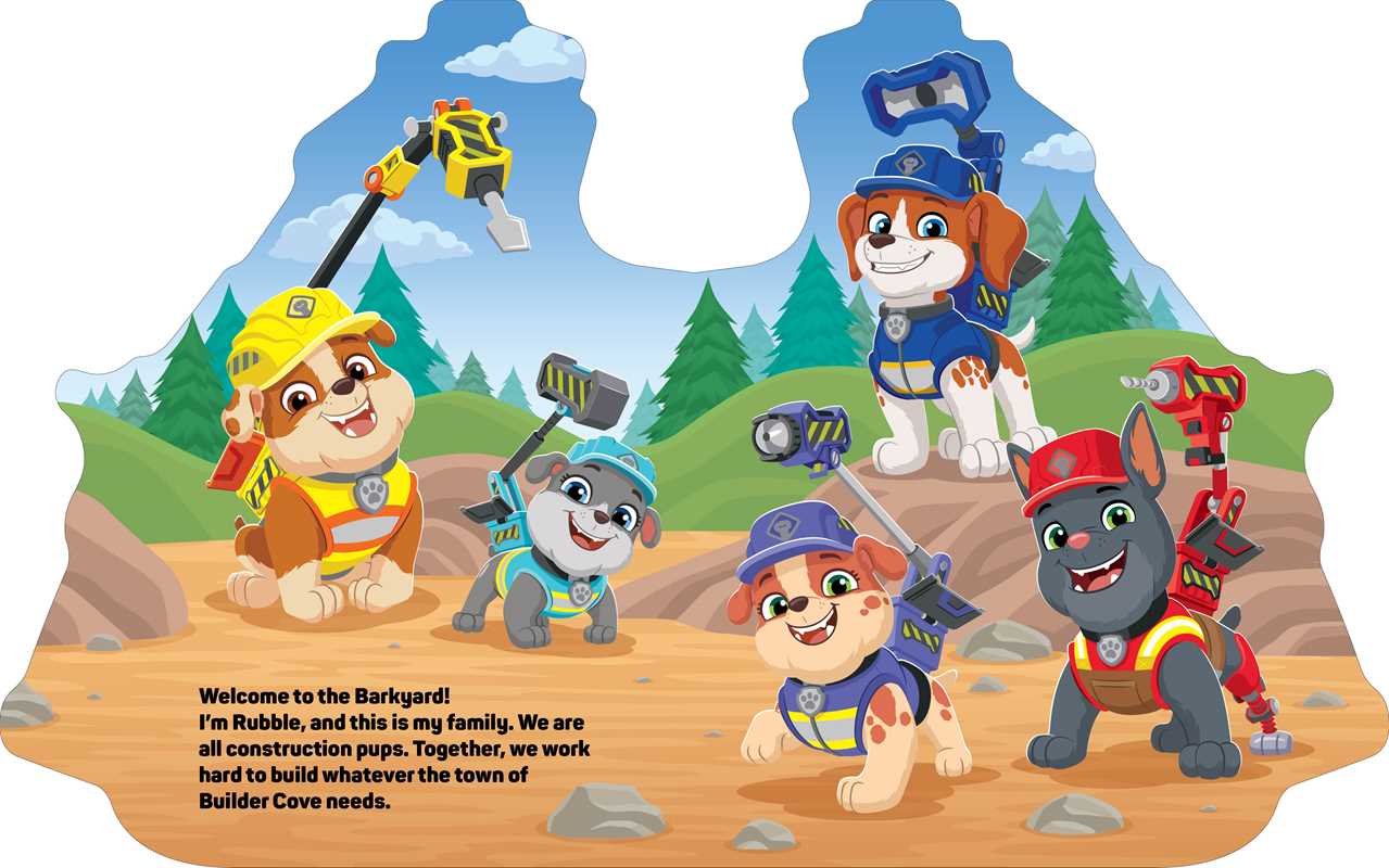Shaped board book for kids featuring a playful construction pup and his crew, 16 pages, fun learning.