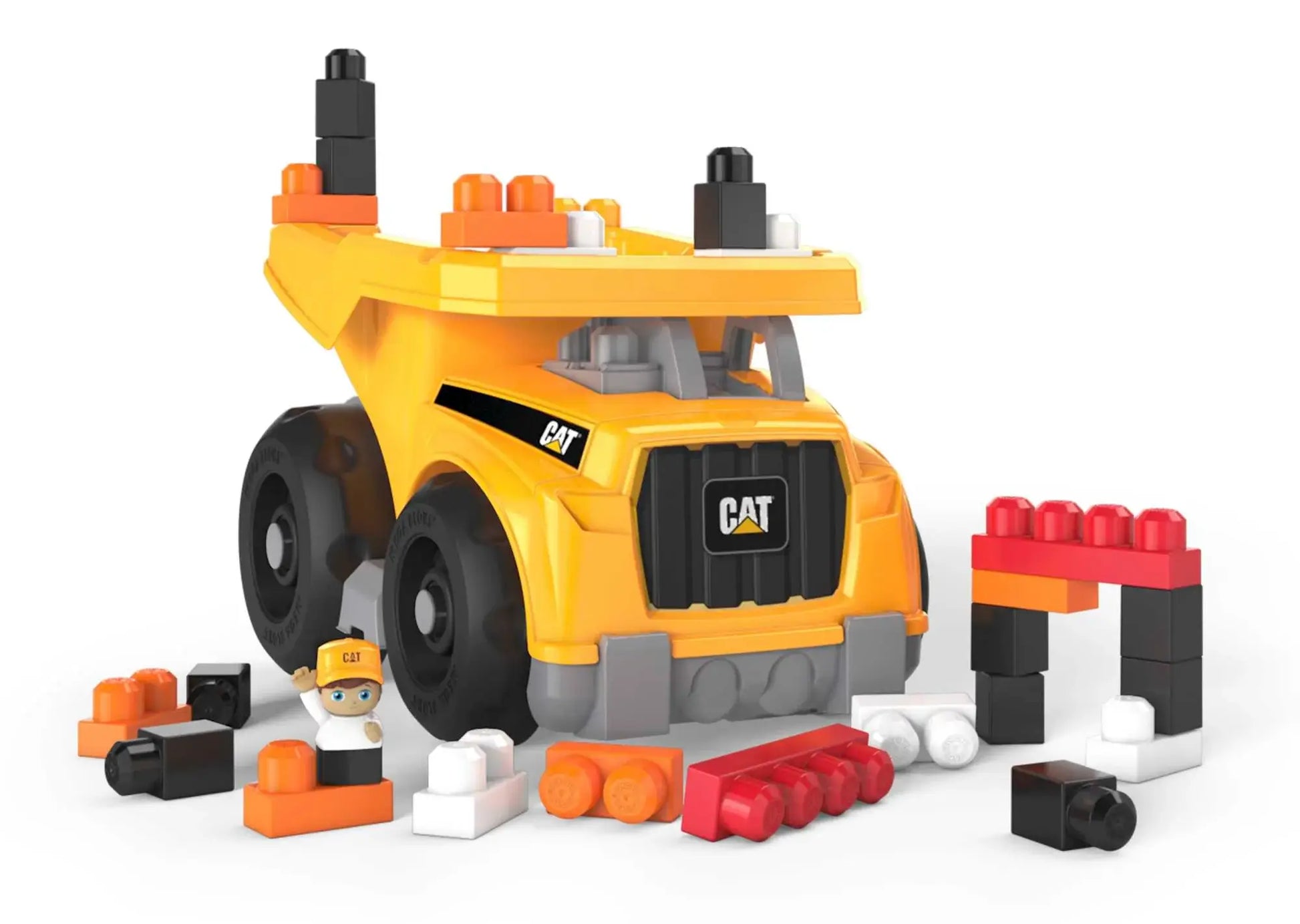 Cat® Dump Truck Toy with MEGA BLOKS®, building blocks set for toddlers, construction-themed creative play.