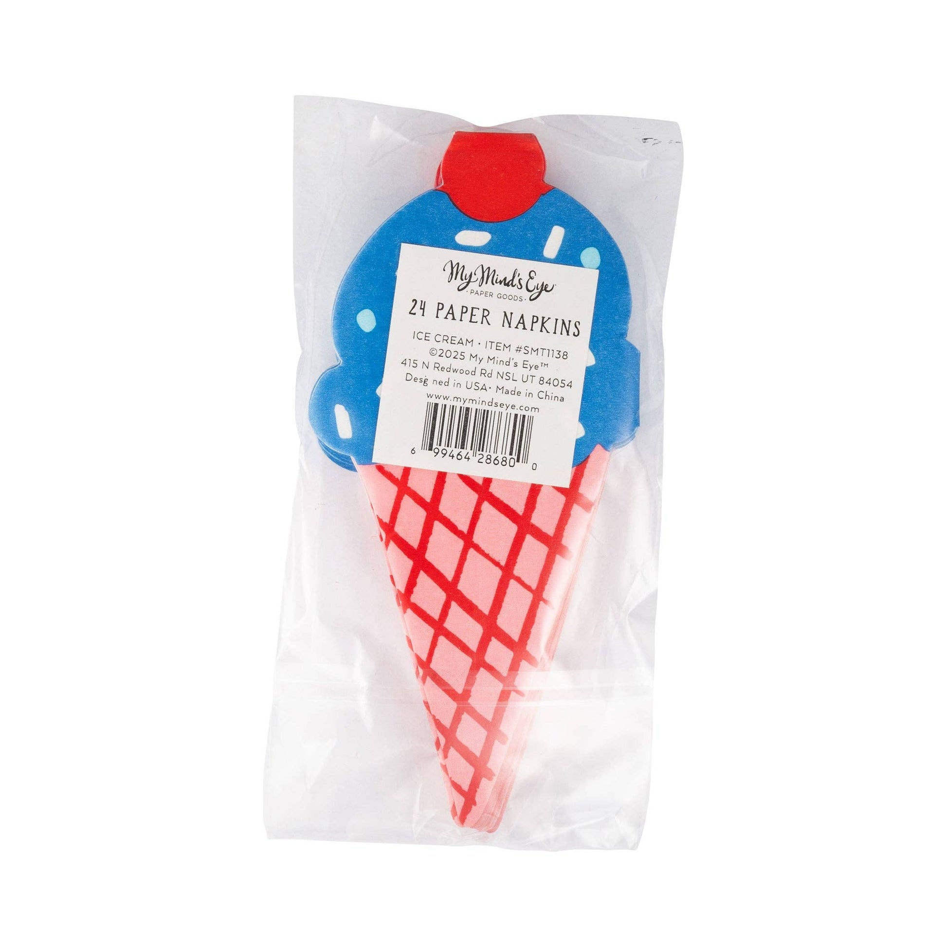 24-pack ice cream shaped napkins, 3” x 6.5”, ideal for ice cream socials and summer gatherings.