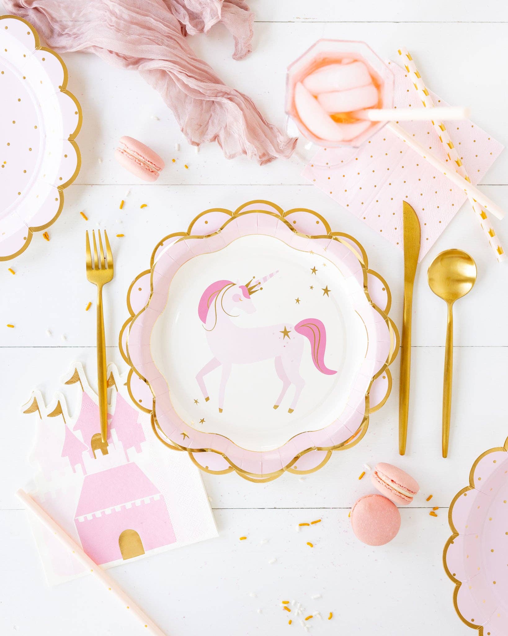 Princess castle-shaped guest napkins, measuring 6" x 7", featuring gold foil accents. Perfect for adding elegance and fun to any royal-themed event or party.