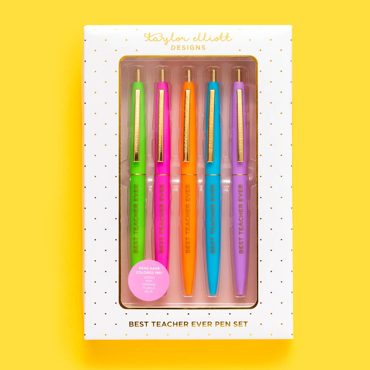 Best Teacher Ever ballpoint pen set with 5 colorful pens, gold foil details, perfect for gifts and desk accessories.